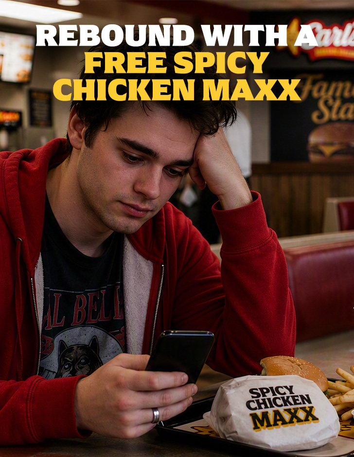 Man looking at his phone while eating a Spicy Chicken Maxx at Carl's Jr.