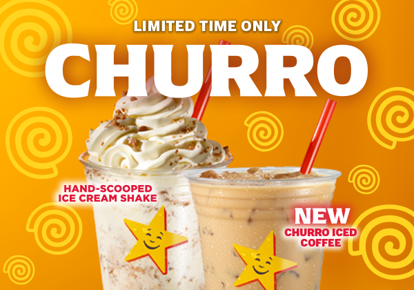 Carl's Jr. promotion featuring the new Churro iced coffee and hand-scooped Churro shake